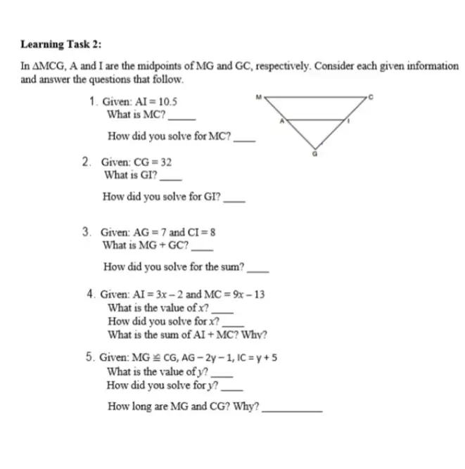 Solved: Learning Task 2: In MCG , A and I are the midpoints of MG and ...