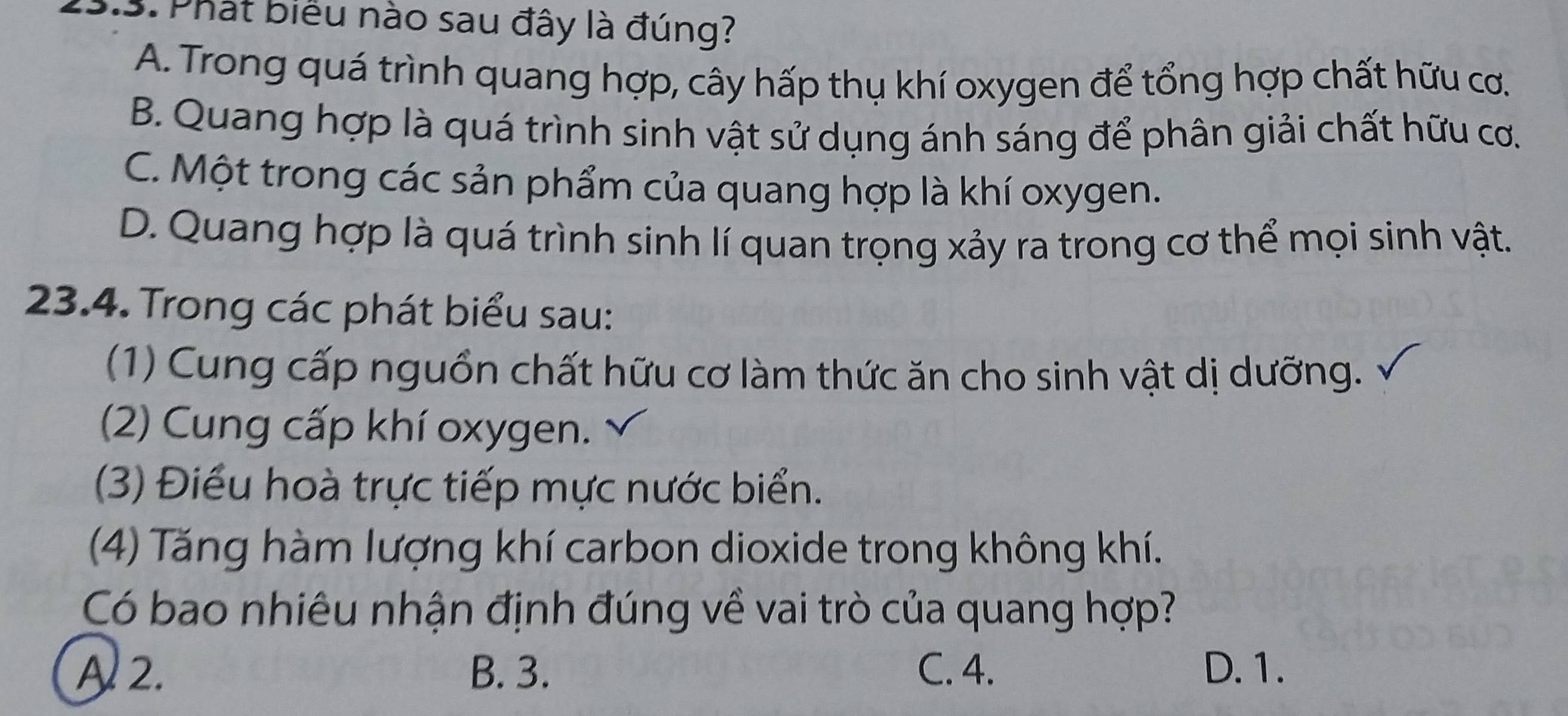 Phát biểu nào sau đây là đúng?
A. Trong quá trình quang hợp, cây hấp thụ khí oxygen để tổng hợp chất hữu cơ.
B. Quang hợp là quá trình sinh vật sử dụng ánh sáng để phân giải chất hữu cơ.
C. Một trong các sản phẩm của quang hợp là khí oxygen.
D. Quang hợp là quá trình sinh lí quan trọng xảy ra trong cơ thể mọi sinh vật.
23.4. Trong các phát biểu sau:
(1) Cung cấp nguồn chất hữu cơ làm thức ăn cho sinh vật dị dưỡng.
(2) Cung cấp khí oxygen.
(3) Điểu hoà trực tiếp mực nước biển.
(4) Tăng hàm lượng khí carbon dioxide trong không khí.
Có bao nhiêu nhận định đúng về vai trò của quang hợp?
A 2. B. 3. C. 4. D. 1.