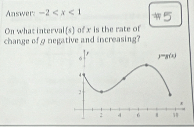 Answer: -2
5
On what interval(s) of x is the rate of
change of g negative and increasing?