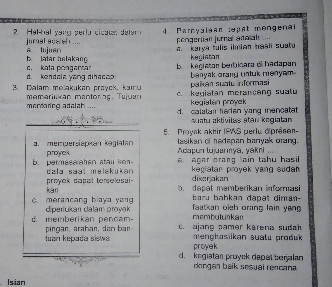 Hal-hal yang perlu dicatat dalam 4. Pernyataan tepat mengenai
jurnal adalah ....
pengertian jurnal adalah ....
a. tujuan
a. karya tulis ilmiah hasil suatu
b. latar belakang kegiatan
c. kata pengantar b. kegiatan berbicara di hadapan
d. kendala yang dihadapi banyak orang untuk menyam-
3. Dalam melakukan proyek, kamu paikan suatu informasi
memeriukan mentoring. Tujuan c. kegiatan merancang suatu
mentoring adalah .... kegiatan proyek
d. catatan harian yang mencatat
suatu aktivitas atau kegiatan
5. Proyek akhir IPAS perlu dipresen-
a. mempersiapkan kegiatan tasikan di hadapan banyak orang.
proyek Adapun tujuannya, yakni ....
b. permasalahan atau ken- a. agar orang lain tahu hasil
dala saat melakukan kegiatan proyek yang sudah 
proyek dapat terselesai- dikerjakan
kan b. dapat memberikan informasi
c. merancang biaya yang baru bahkan dapat diman-
diperlukan dalam proyek
faatkan oleh orang lain yang
d. memberikan pendam- membutuhkan
pingan, arahan, dan ban- c. ajang pamer karena sudah
tuan kepada siswa menghasilkan suatu produk 
proyek
d. kegiatan proyek dapat berjalan
dengan baik sesuai rencana
Isian