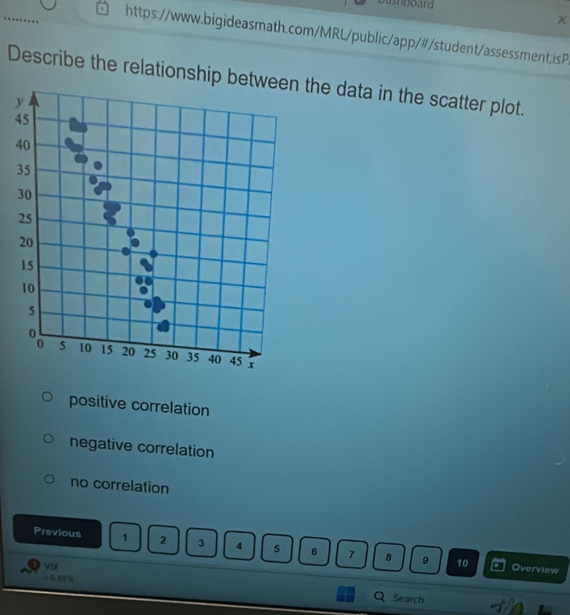 snboard
X
https://www.bigideasmath.com/MRL/public/app/#/student/assessment;isP
Describe the relationship betthe data in the scatter plot.
y
4
positive correlation
negative correlation
no correlation
Previous 1 2 3 4 5 6 7 8 9
VD
10 Overview
+6 19
Search