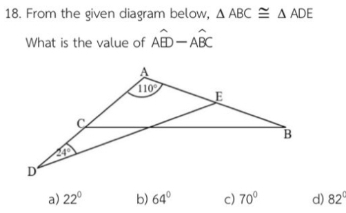 From the given diagram below, △ ABC≌ △ ADE
What is the value of Awidehat ED-Awidehat BC
a) 22° b) 64° c) 70° d) 82°