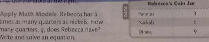 o, use the table at the right . 
Aply Math Models Rebecca has 5
times as many quarters as nickels. How 
many quarters, q, does Rebecca have? 
Write and solve an equation.