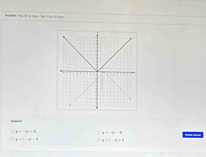 Availlable Nov 19 at 12am - Dec 13 at 11:59pm
Answer
y=-|x-2|
y=-|x+2| Suhmit Ans==s
y=|-x|-2
y=|-x|+2