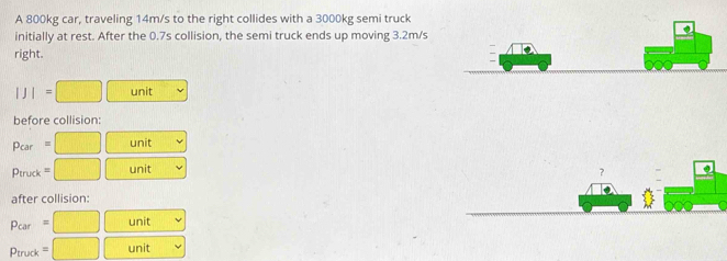 A 800kg car, traveling 14m/s to the right collides with a 3000kg semi truck 
initially at rest. After the 0.7s collision, the semi truck ends up moving 3.2m/s
right.
|J|=□ | unit 
before collision: 
Pcar □ unit 
Ptruck □ unit 
? 
after collision:
Pcar =□ unit
Ptruck =□ unit