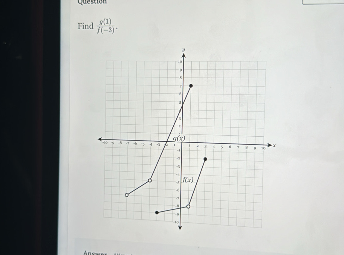 Question
Find  g(1)/f(-3) .
Answer