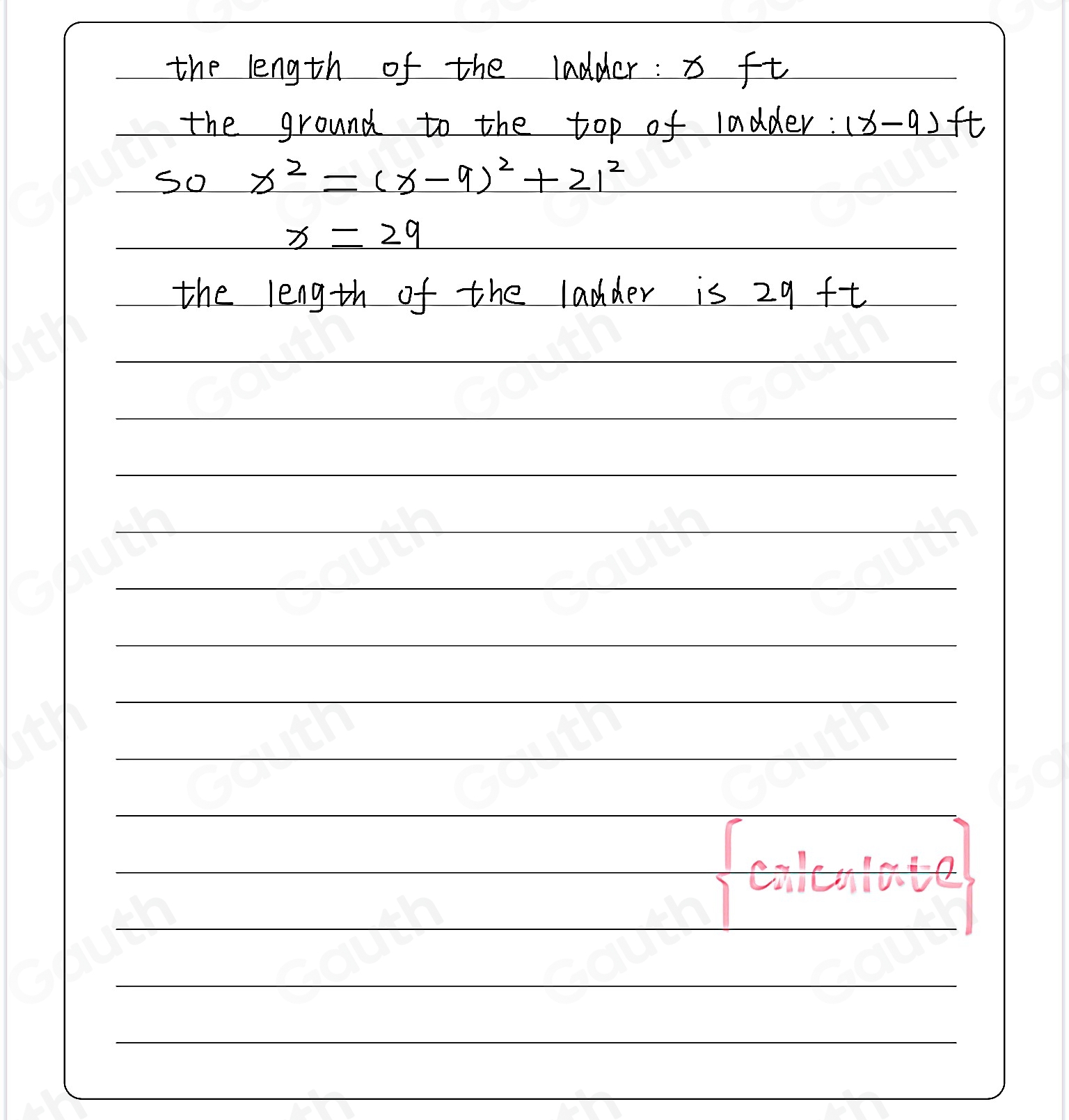 Solved: Solve using the Pythagorean Theorem. a^2+b^2=c^2 A ladder is ...