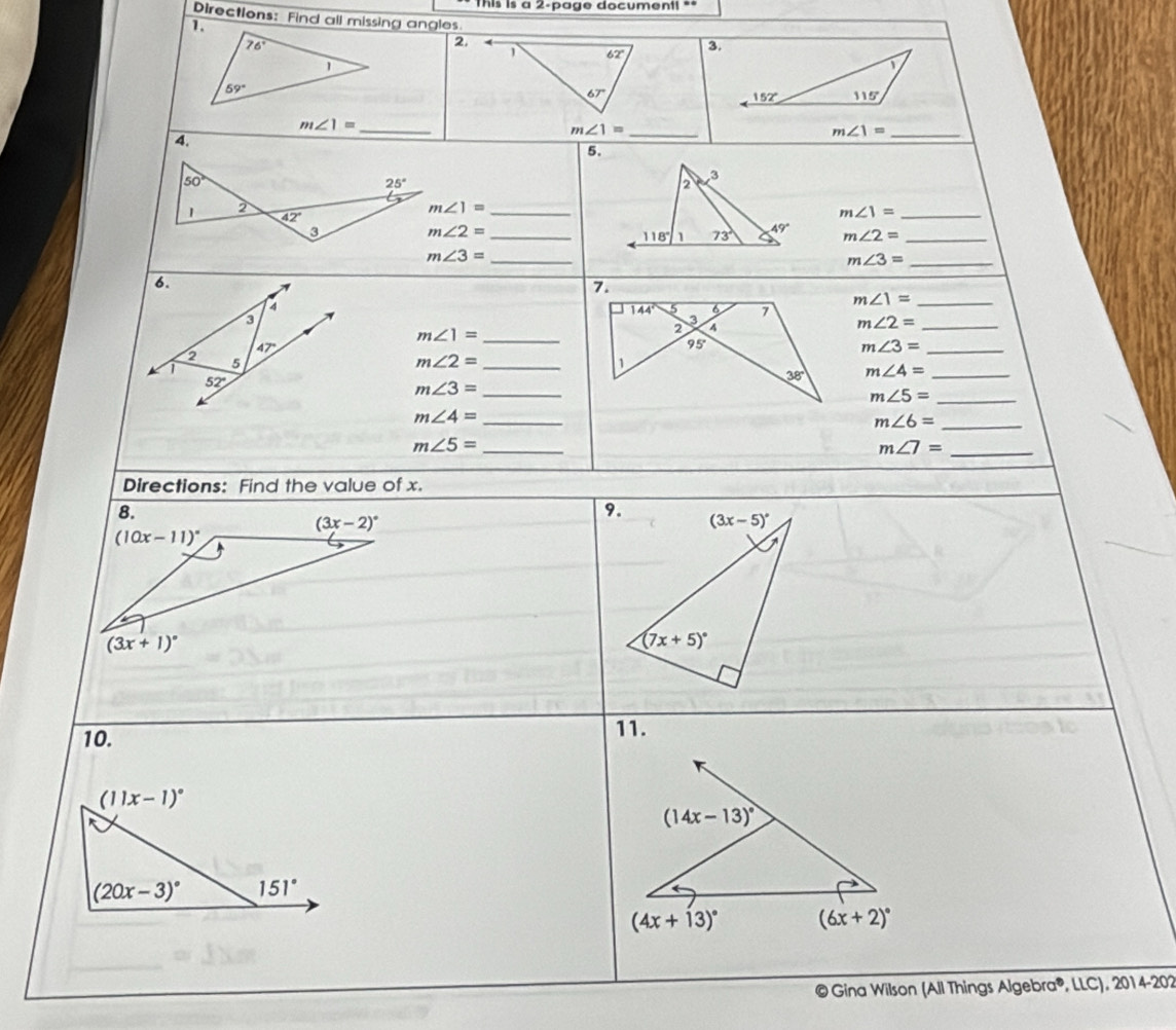 This is a 2-page documenti **
1.
Directions: Find all missing angles 3.
76°
2.
© Gina Wilson (All Things Algebra®, LLC), 2014-202