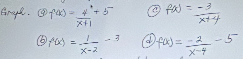 Gragt. @ f(x)= 4/x+1 +5 f(x)= (-3)/x+4 
⑥ f(x)= 1/x-2 -3 d f(x)= (-2)/x-4 -5