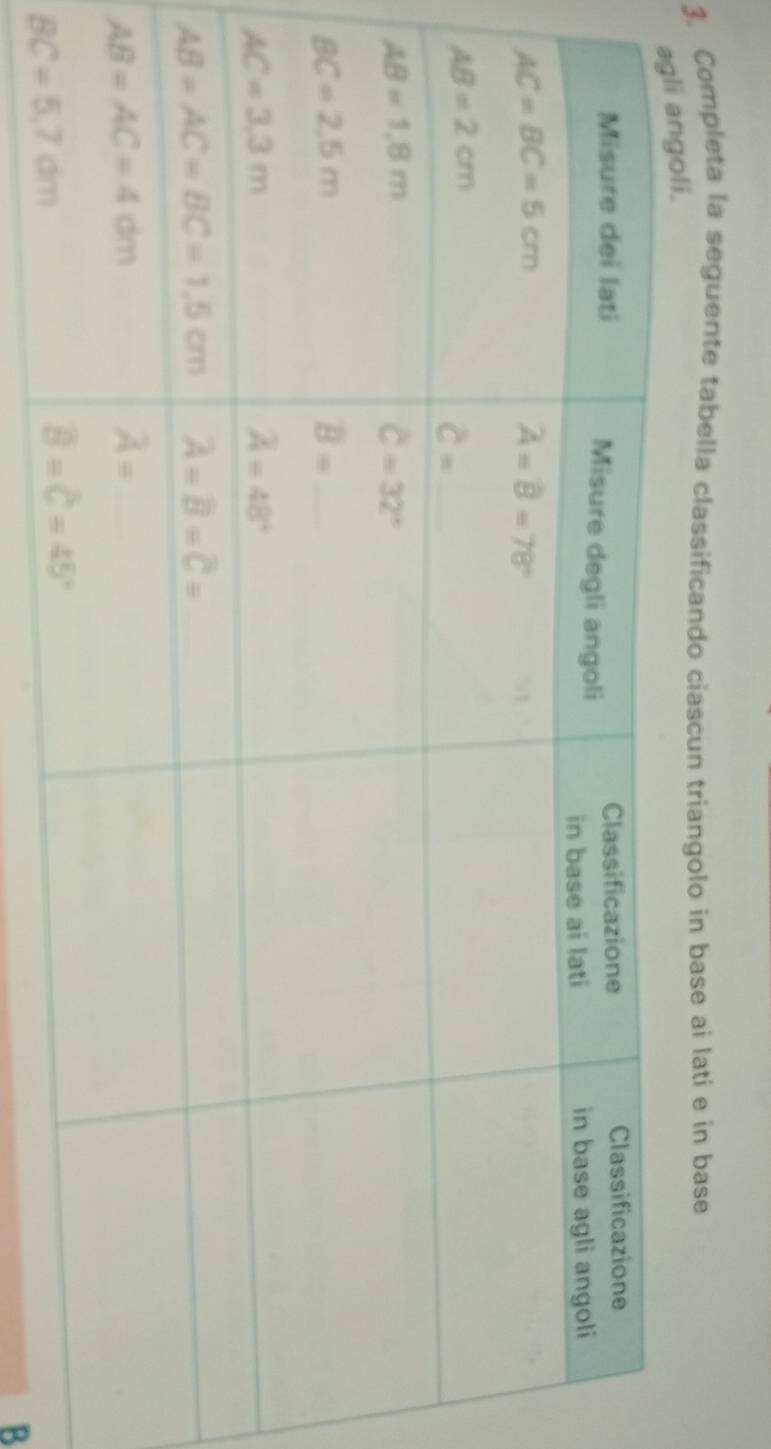 Completa la seguente tabella classificando ciascun triangolo in base ai lati e in base
,
B