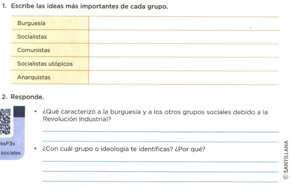 Escribe las ideas más importantes de cada grupo. 
2. Responde. 
¿Qué caracterizó a la burguesía y a los otros grupos sociales debido a la 
Revolución Industrial? 
_ 
ksF3x 
_ 
sociales ¿Con cuál grupo o ideología te identificas? ¿Por qué? 
__= 
_