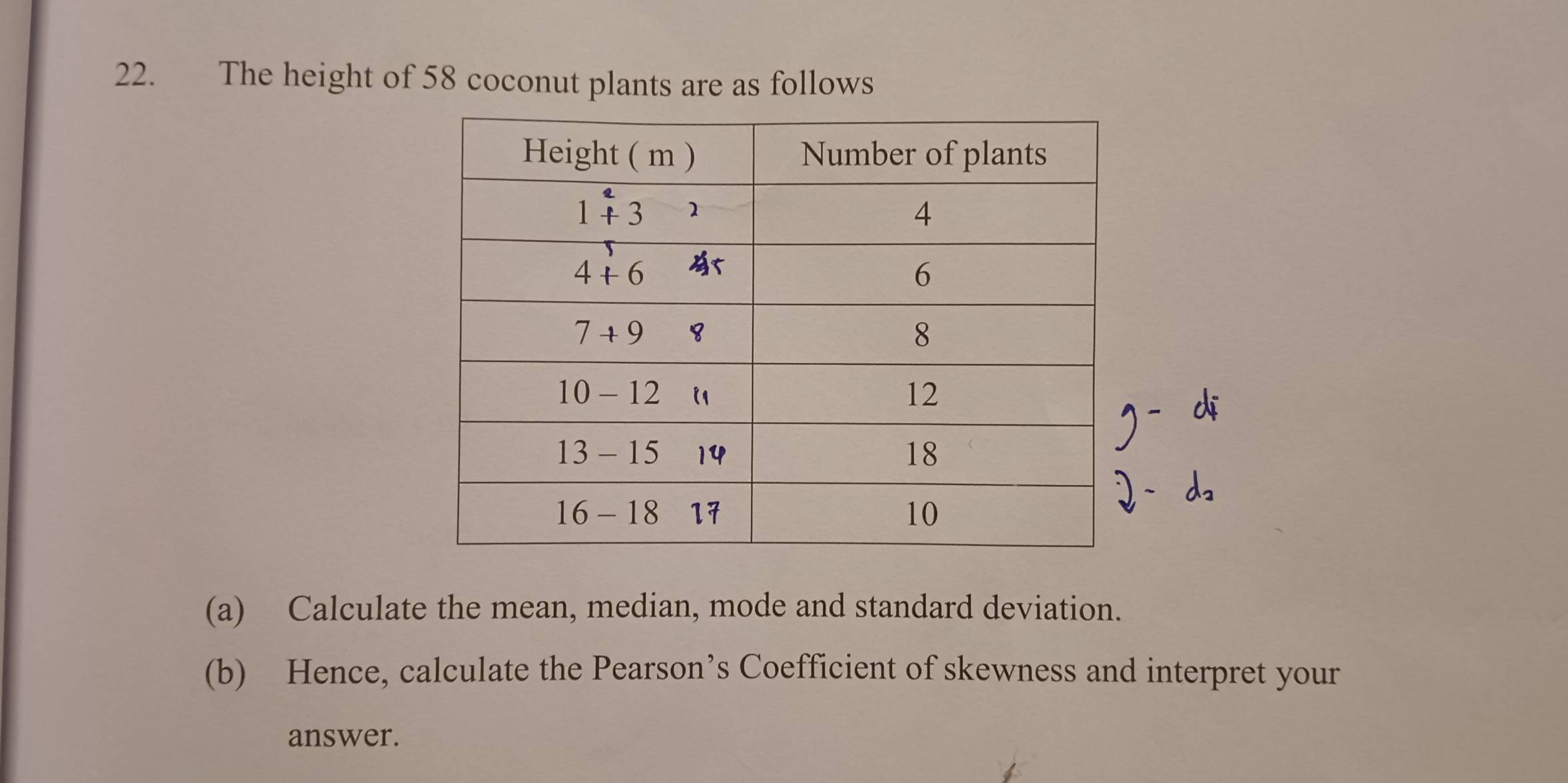 The height of 58 coconut plants are as follows
(a) Calculate the mean, median, mode and standard deviation.
(b) Hence, calculate the Pearson’s Coefficient of skewness and interpret your
answer.