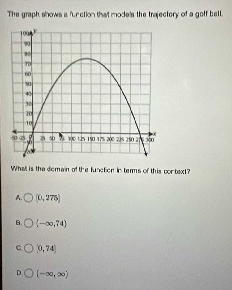 The graph shows a function that models the trajectory of a golf ball.
What is the domain of the function in terms of this context?
A. [0,275]
B、 (-∈fty ,74)
C. [0,74]
D. (-∈fty ,∈fty )