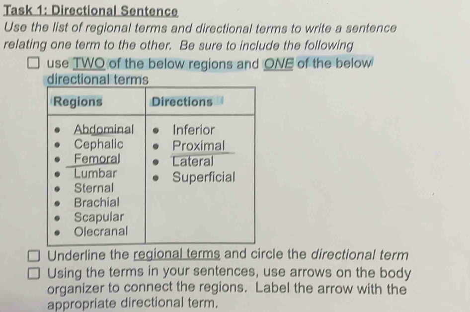 Solved: Task 1: Directional Sentence Use the list of regional terms and ...