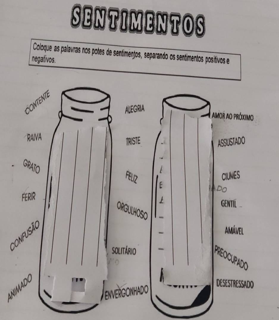 SENTIMENTOS 
Coloque as palavras nos potes de sentimentos, separando os sentimentos positivos e 
negativos. 
C 
N
