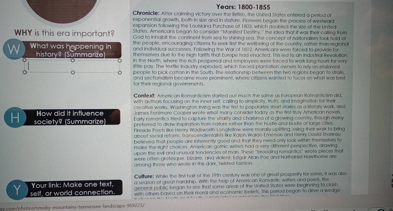 Years: 1800-1855
Chronicle: After claiming victory over the British, the United States entered a period of
exponential growth, both in size and in stature. Pioneers began the process of westward
expansion following the Louisiana Purchase of 1803, which doubled the size of the United
WHY is this era important? States. Americans began to consider ''Manifest Destiny,' the idea that it was their calling from
God to inhabit the continent from sea to shining sea. The concept of nationalism took hold of
the people, encouraging citizens to seek first the wellbeing of the country, rather than regional
W What was happening in and individual successes. Following the War of 1812, Americans were forced to provide for
history? (Summarize) themselves due to the high tariffs that Europe had enacted. This led to an Industrial Revolution
in the North, where the rich prospered and employees were forced to work long hours for very
little pay. The textile industry exploded, which forced plantation owners to rely on enslaved
people to pick cotton in the South. The relationship between the two regions began to strain,
and sectionalism became more prominent, where citizens wanted to focus on what was best
for their regional governments.
Context: American Romanticism started out much the same as European Romanticism did,
with authors focusing on the inner self, calling to simplicity, truth, and imagination for their
creative works. Washington Irving was the first to popularize short stories as a literary work, and
How did it influence James Fenimore Cooper wrote what many consider today as the first truly American novels.
Early romantics tried to capture the vitality and charisma of a growing country, though many
H society? (Summarize) preferred to draw inspiration from nature rather than the hustle and bustle of large cities.
Fireside Poets like Henry Wadsworth Longfellow were morally uplifting, using their work to bring
about social reform. Transcendentalists like Ralph Waldo Emerson and Henry David Thoreau
believed that people are inherently good and that they need only look within themselves to
make the right choices. American gothic writers had a very different perspective, drawing
upon the evil and unusual tendencies of man. These 'brooding romantics" wrote pieces that
were often grotesque, bizarre, and violent. Edgar Alian Poe and Nathaniel Hawthorne are
among those who wrote in this dark, twisted fashion.
Culture: While the first half of the 19th century was one of great prosperity for some, it was also
Your link: Make one text, a season of great hardship. With the help of American Romantic writers and poets, the
general public began to see that some areas of the United States were beginning to clash
self, or world connection. with others based on their moral and economic beliefs. This period began to drive a wedge
ay.com/photos/smoky-mountains-tennessee-landscape-969223/