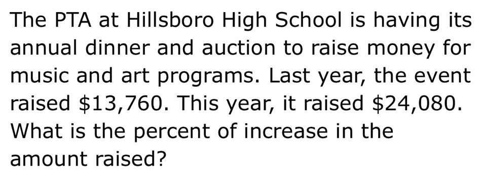 The PTA at Hillsboro High School is having its 
annual dinner and auction to raise money for 
music and art programs. Last year, the event 
raised $13,760. This year, it raised $24,080. 
What is the percent of increase in the 
amount raised?