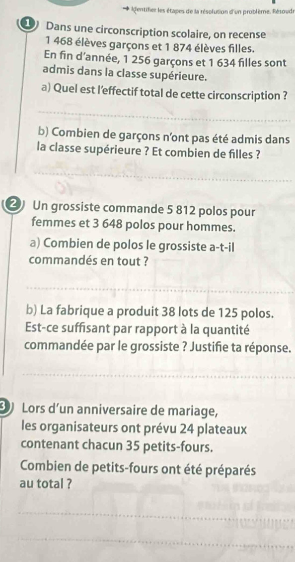 Identifer les étapes de la résolution d'un problème. Résoudr 
Dans une circonscription scolaire, on recense
1 468 élèves garçons et 1 874 élèves filles. 
En fin d’année, 1 256 garçons et 1 634 filles sont 
admis dans la classe supérieure. 
a) Quel est l’effectif total de cette circonscription ? 
_ 
b) Combien de garçons n'ont pas été admis dans 
la classe supérieure ? Et combien de filles ? 
_ 
2 Un grossiste commande 5 812 polos pour 
femmes et 3 648 polos pour hommes. 
a) Combien de polos le grossiste a-t-il 
commandés en tout ? 
_ 
b) La fabrique a produit 38 lots de 125 polos. 
Est-ce suffisant par rapport à la quantité 
commandée par le grossiste ? Justifie ta réponse. 
_ 
_ 
Lors d’un anniversaire de mariage, 
les organisateurs ont prévu 24 plateaux 
contenant chacun 35 petits-fours. 
Combien de petits-fours ont été préparés 
au total ? 
_ 
_