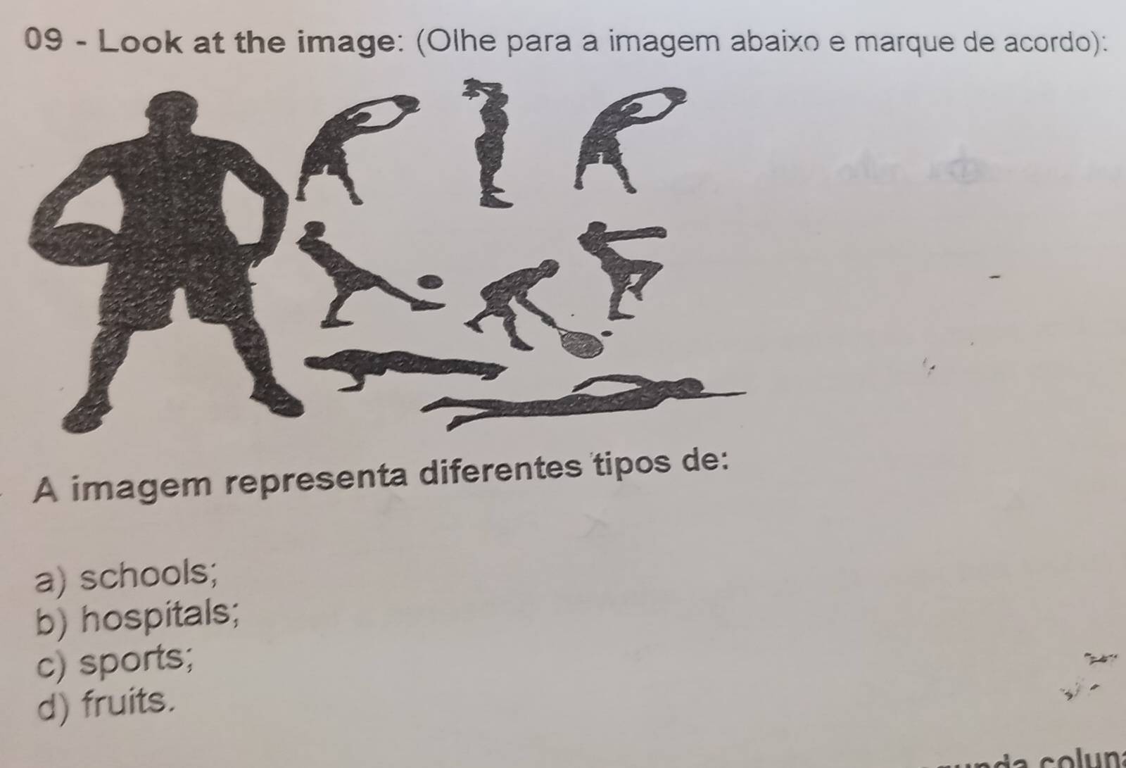 Look at the image: (Olhe para a imagem abaixo e marque de acordo):
A imagem representa diferentes tipos de:
a) schools;
b) hospitals;
c) sports;
d) fruits.
n