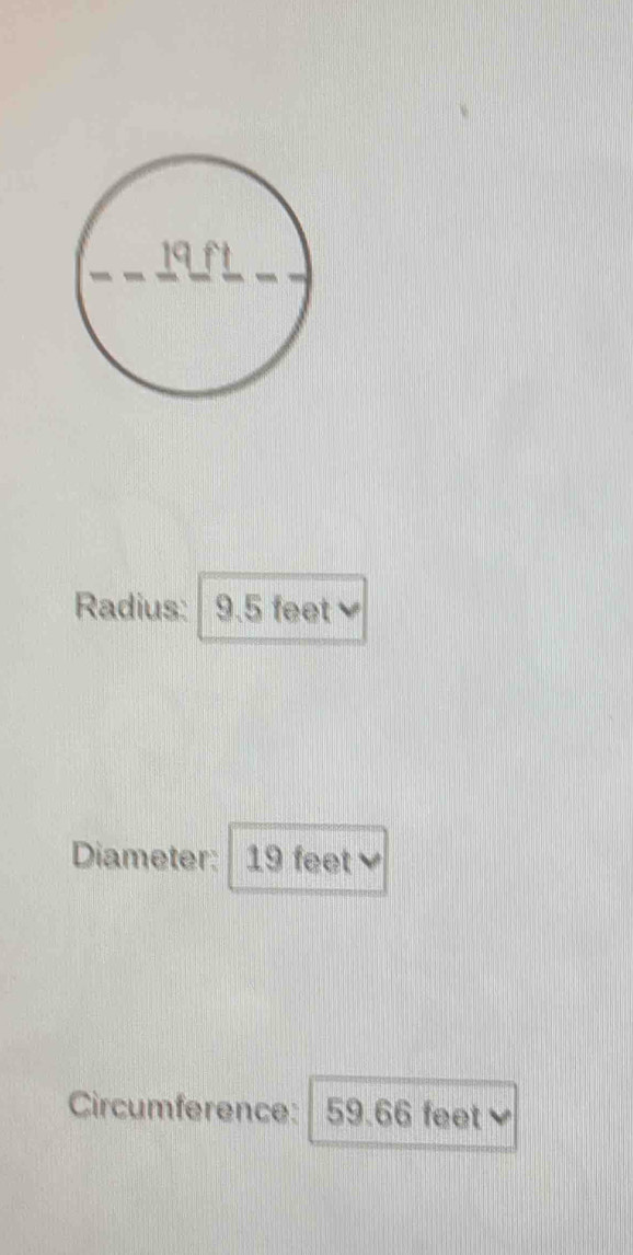 Radius: 9.5 feet
Diameter: 19 feet
Circumference: 59.66 feet