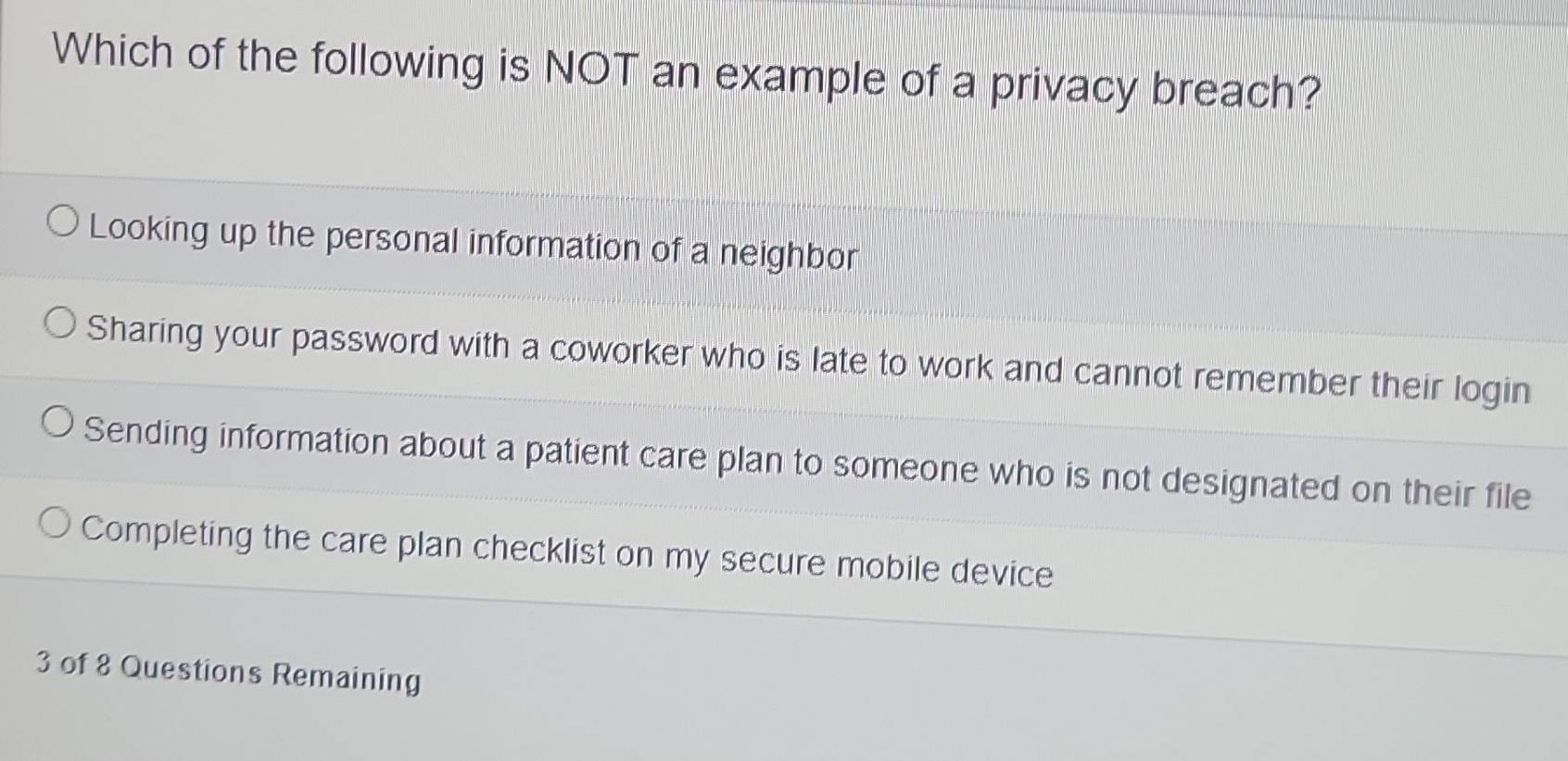 Solved: Which of the following is NOT an example of a privacy breach ...