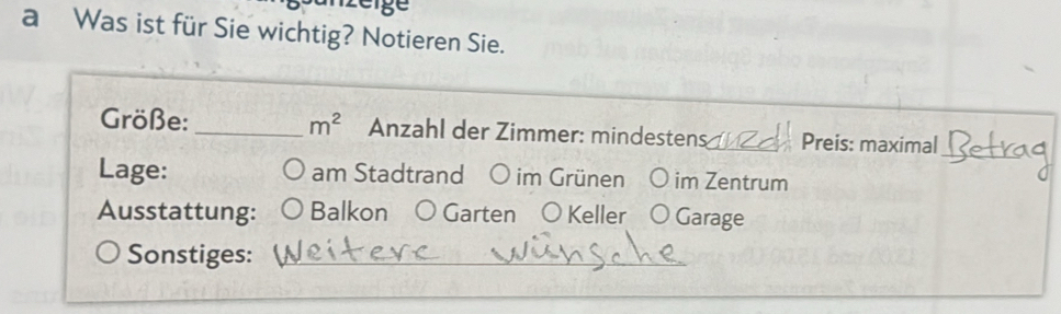 ige 
a Was ist für Sie wichtig? Notieren Sie. 
Größe: _ m^2 Anzahl der Zimmer: mindestens Preis: maximal 
Lage: am Stadtrand O im Grünen im Zentrum 
Ausstattung: Balkon O Garten O Keller O Garage 
Sonstiges: