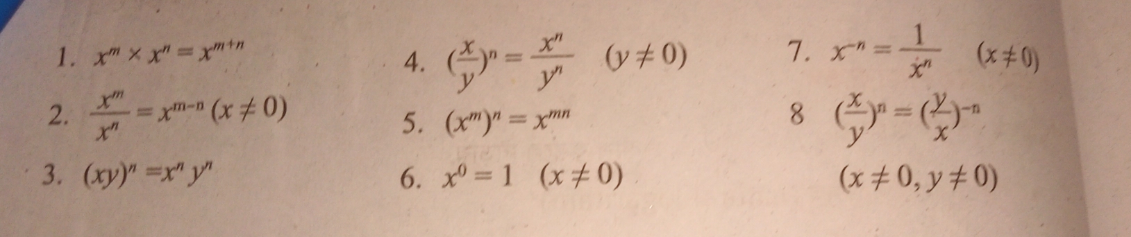 x^m* x^n=x^(m+n) 4. ( x/y )^n= x^n/y^n (y!= 0)
7. x^(-n)= 1/x^n (x!= 0)
2.  x^m/x^n =x^(m-n)(x!= 0) ( x/y )^n=( y/x )^-n
5. (x^m)^n=x^(mn)
8 
3. (xy)^n=x^ny^n 6. x^0=1(x!= 0) (x!= 0,y!= 0)