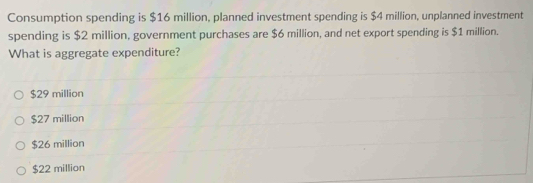 Consumption spending is $16 million, planned investment spending is $4 million, unplanned investment
spending is $2 million, government purchases are $6 million, and net export spending is $1 million.
What is aggregate expenditure?
$29 million
$27 million
$26 million
$22 million