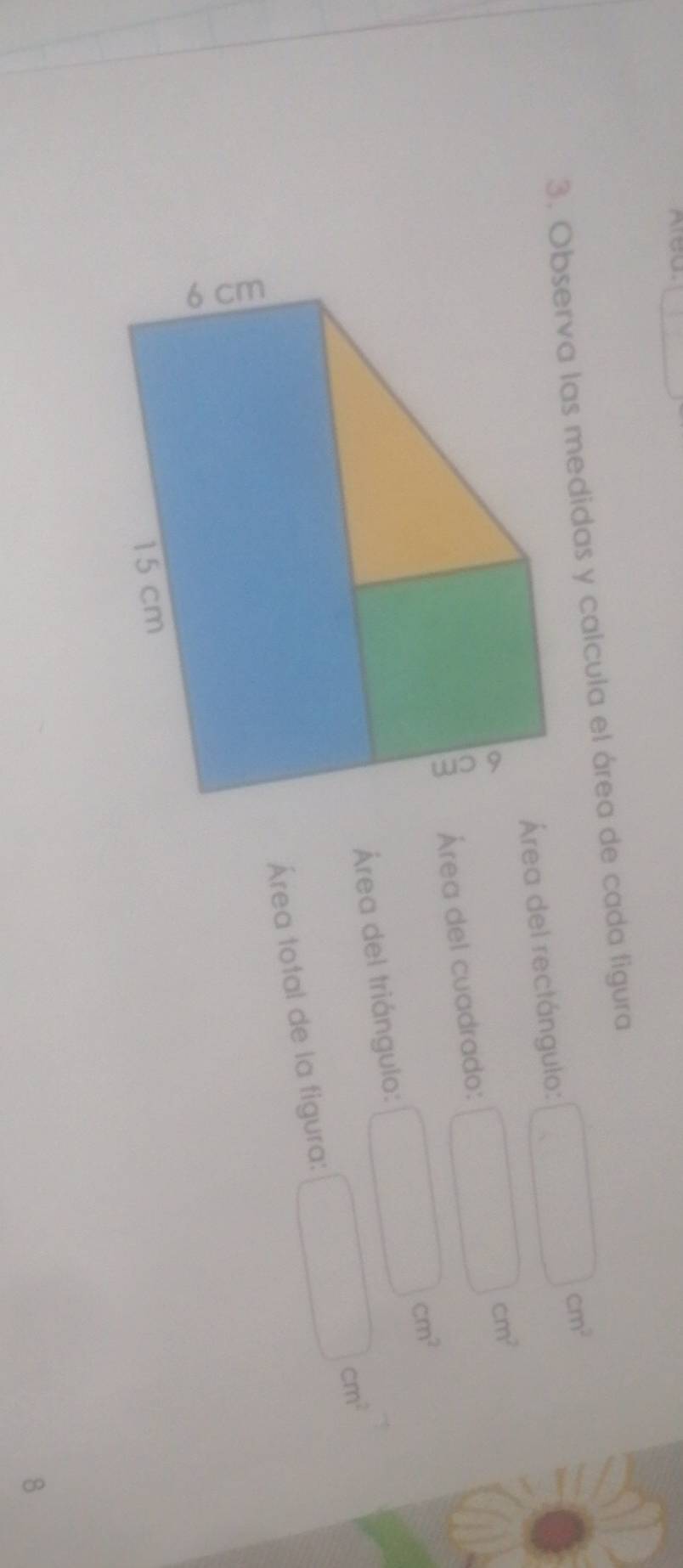 Observa las medidas y calcula el área de cada figura 
Área del rectángulo: ^circ  ∴ △ ADC) cm
Área del cuadrado: □ 
cm
Área del triángulo: □ 
m
m
Área total de la figura: □ 
8