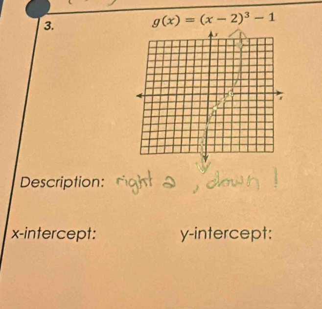 g(x)=(x-2)^3-1
Description: 
x-intercept: y-intercept: