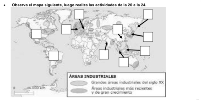 Observa el mapa siguiente, luego realiza las actividades de la 20 a la 24. 
ÁReAS INDUSTRIaLeS 
Grandes áreas industriales del siglo XX 
0 Áreas industriales más recientes 
y de gran crecimiento