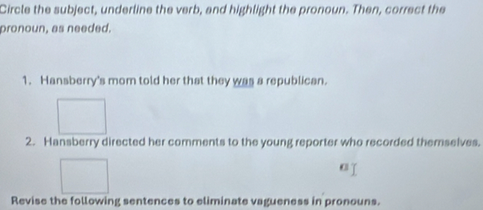 Circle the subject, underline the verb, and highlight the pronoun. Then, correct the 
pronoun, as needed. 
1. Hansberry's mom told her that they was a republican. 
2. Hansberry directed her comments to the young reporter who recorded themselves. 
Revise the following sentences to eliminate vagueness in pronouns.