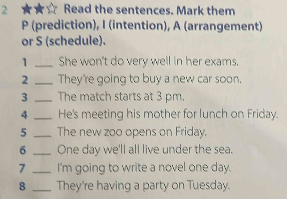 Read the sentences. Mark them 
P (prediction), I (intention), A (arrangement) 
or S (schedule). 
1 _She won't do very well in her exams. 
2 _They're going to buy a new car soon. 
3 _The match starts at 3 pm. 
4 _He's meeting his mother for lunch on Friday. 
5 _The new zoo opens on Friday. 
6 _One day we'll all live under the sea. 
7 _I'm going to write a novel one day. 
8 _They're having a party on Tuesday.