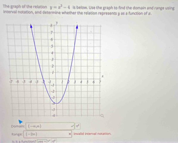 The graph of the relation y=x^2-4 is below. Use the graph to find the domain and range using 
interval notation, and determine whether the relation represents y as a function of £. 
Domain: (-∈fty ,∈fty ) sigma^4
Range: (-2∞) × invalid interval notation. 
Is it a function? (Vesvee)^(2Svee sigma^(4))