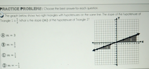 RAGTIGE PROBLEMS: Choose the best answer for each question
The graph below shows two right trianglies with hypotenuses on the same line. The slope of the hypotenuse of
Triangle 1 is  1/3  What is the slope (m) of the hypotenuse of Triangle 2?
[],
m=3
⑧ m= 2/3 
C m= 1/3 
0 m=- 1/3 