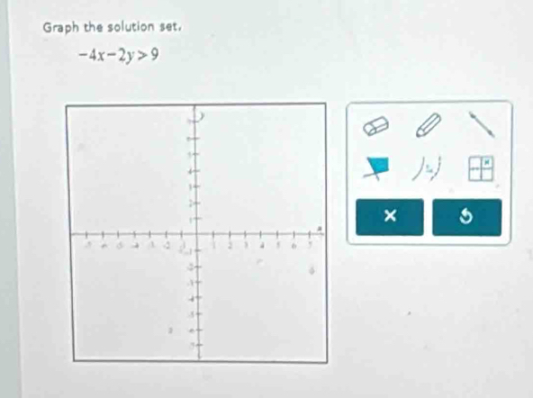 Graph the solution set,
-4x-2y>9
×