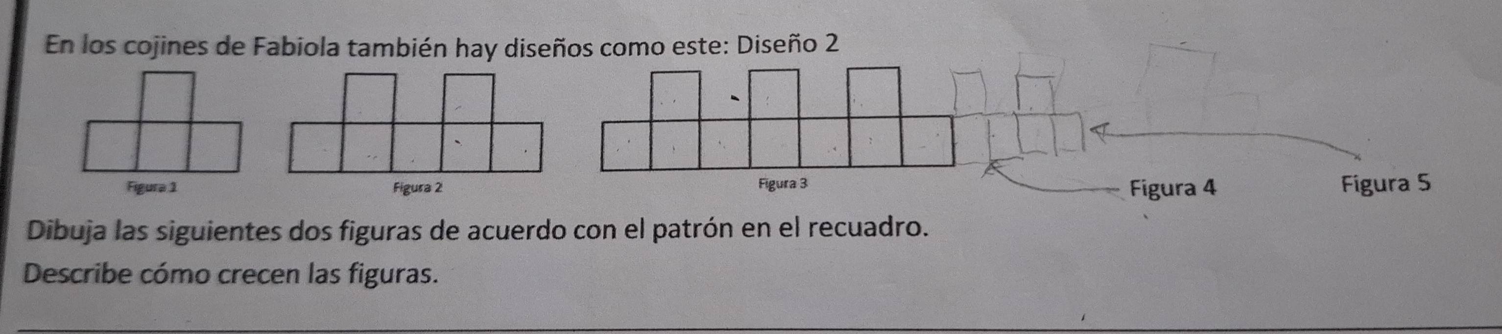 En los cojines de Fabiola también hay di 
Dibuja las siguientes dos figuras de acuerdo con el patrón en el recuadro. 
Describe cómo crecen las figuras.