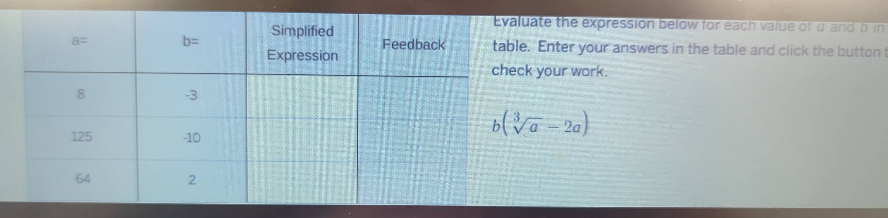 uate the expression below for each value of α and b in
e. Enter your answers in the table and click the button t
k your work.
b(sqrt[3](a)-2a)