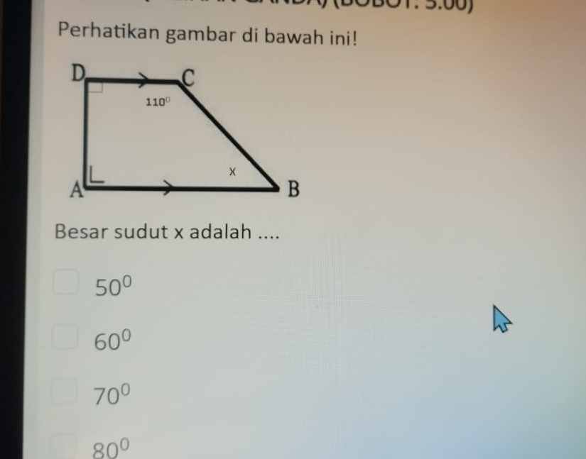 Perhatikan gambar di bawah ini!
Besar sudut x adalah ....
50°
60°
70°
80°