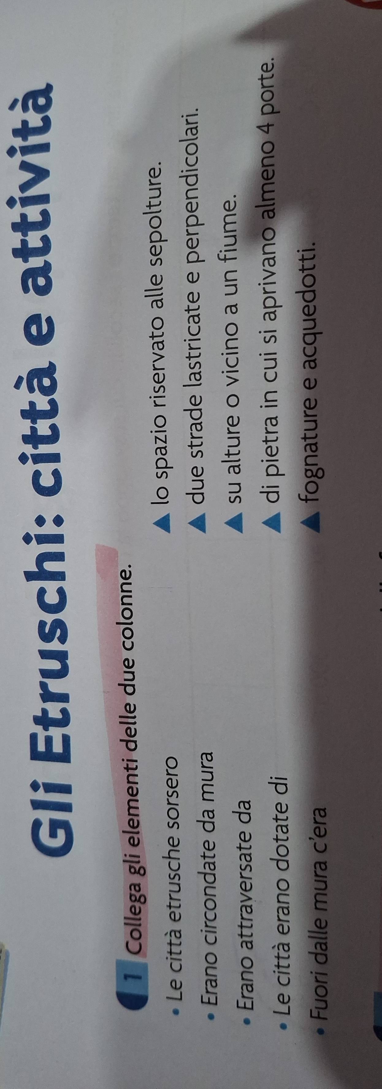 Gli Etruschi: città e attività 
1 Collega gli elementi delle due colonne. 
Le città etrusche sorsero lo spazio riservato alle sepolture. 
Erano circondate da mura 
due strade lastricate e perpendicolari. 
Erano attraversate da 
su alture o vicino a un fiume. 
Le città erano dotate di di pietra in cui si aprivano almeno 4 porte. 
Fuori dalle mura cæera fognature e acquedotti.