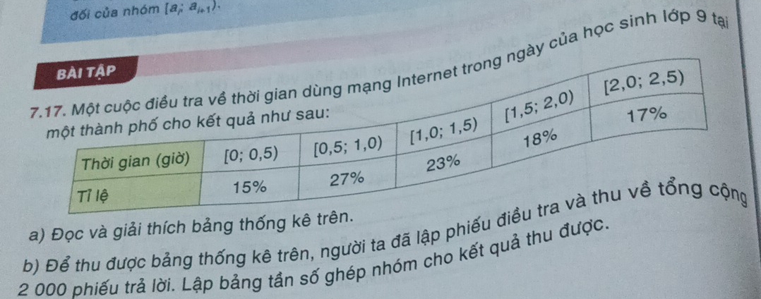 đối của nhóm [a_ia_i+1).
ày của học sinh lớp 9 tạ
a) Đọc và giải thích bảng thống kê tr
b) Để thu được bảng thống kê trên, người ta đã lập phiếu đ
2 000 phiếu trả lời. Lập bảng tần số ghép nhóm cho kết quả thu được.