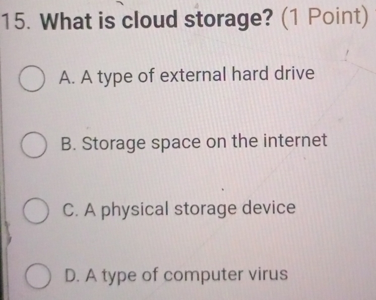 What is cloud storage? (1 Point)
A. A type of external hard drive
B. Storage space on the internet
C. A physical storage device
D. A type of computer virus