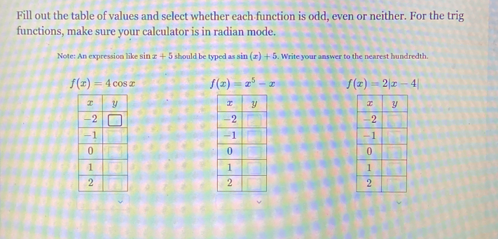 Fill out the table of values and select whether each function is odd, even or neither. For the trig
functions, make sure your calculator is in radian mode.
Note: An expression like sin x+5 should be typed as sin (x)+5. Write your answer to the nearest hundredth.
f(x)=4cos x
f(x)=x^5-x f(x)=2|x-4|