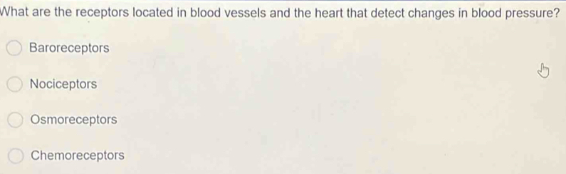 What are the receptors located in blood vessels and the heart that detect changes in blood pressure?
Baroreceptors
Nociceptors
Osmoreceptors
Chemoreceptors