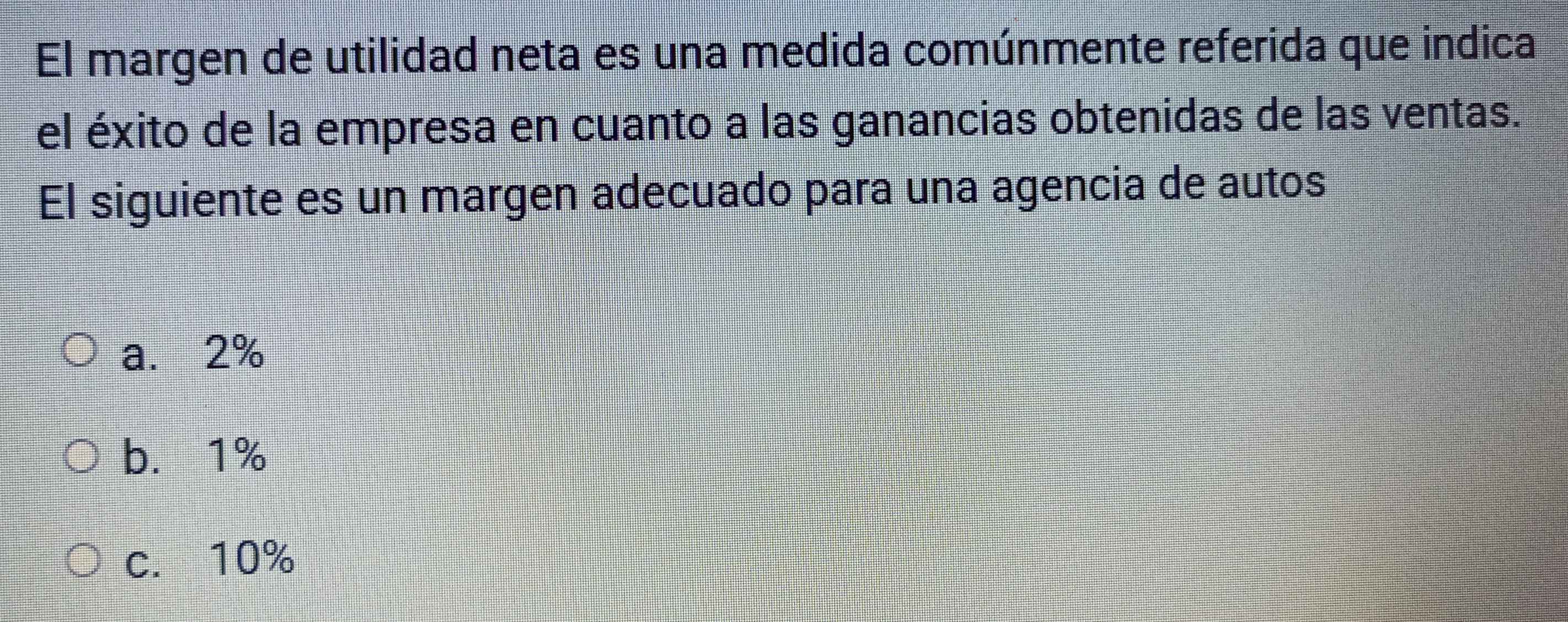 El margen de utilidad neta es una medida comúnmente referida que indica
el éxito de la empresa en cuanto a las ganancias obtenidas de las ventas.
El siguiente es un margen adecuado para una agencia de autos
a. 2%
b. 1%
c. 10%