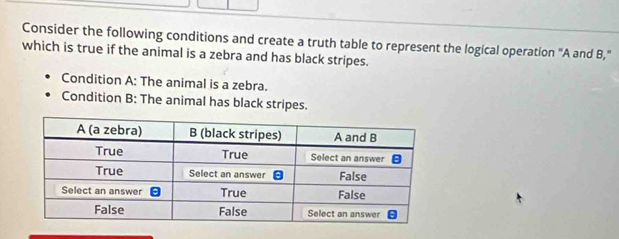 Consider the following conditions and create a truth table to represent the logical operation "A and B," 
which is true if the animal is a zebra and has black stripes. 
Condition A: The animal is a zebra. 
Condition B: The animal has black stripes.