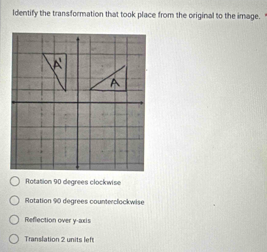 Identify the transformation that took place from the original to the image. .
Rotation 90 degrees clockwise
Rotation 90 degrees counterclockwise
Reflection over y-axis
Translation 2 units left