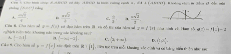 Cho hình chóp S. ABCD cô đây ABCD là hình vuỡng cạnh α, SA⊥ (ABCD). Khoảng cách từ điểm B đến mặt
pháng S (A C) bằng
A.  asqrt(2)/4 . B.  asqrt(2)/3 . C.  a/2 . D.  asqrt(2)/2 . 
Câu 8. Cho hàm số y=f(x) có đạo hàm trên R và đồ thị của hàm số y=f'(x) như hình vẽ. Hàm số g(x)=f(x)-2
nghịch biển trên khoảng nào trong các khoảng sau?
A. (-1;1). B. (-∈fty ,-2). C. (2;+∈fty ). D. (1;3). 
Câu 9. Cho hàm số y=f(x) xác định trên R| 1 , liên tục trên mỗi khoảng xác định và có bảng biển thiên như sau:
x