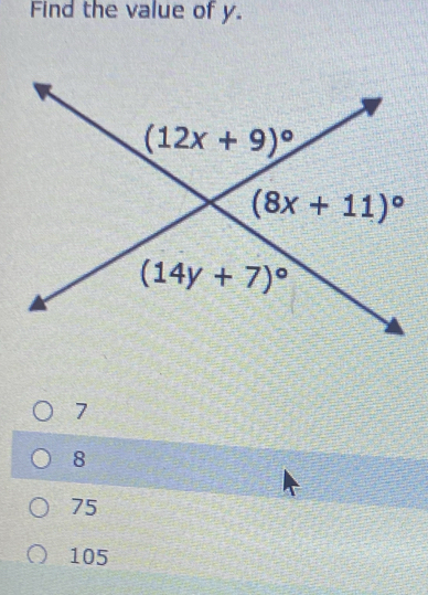 Find the value of y.
7
8
75
105