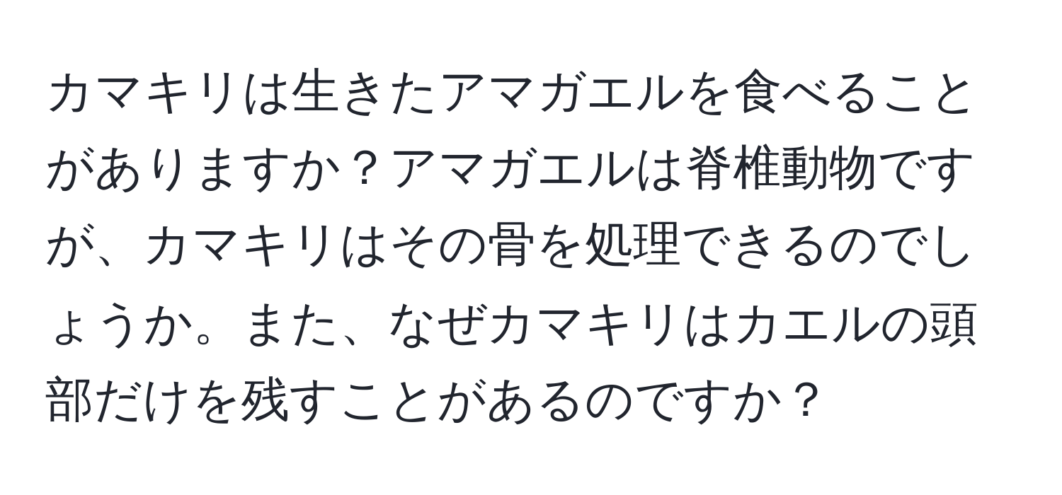 カマキリは生きたアマガエルを食べることがありますか？アマガエルは脊椎動物ですが、カマキリはその骨を処理できるのでしょうか。また、なぜカマキリはカエルの頭部だけを残すことがあるのですか？